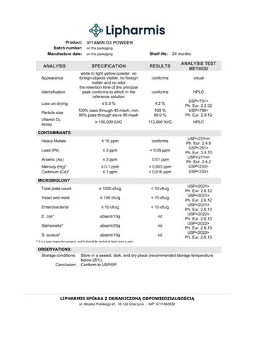 LIPHARMIS Witamina D3 (cholekalcyferol) proszek 1kg