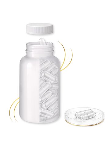 LIPHARMIS Kapsułki 0 (60 sztuk) + Butelka PET 250 ml biała  z nakrętką 45 mm biała PP z uszczelką PS22 - liner klejowy